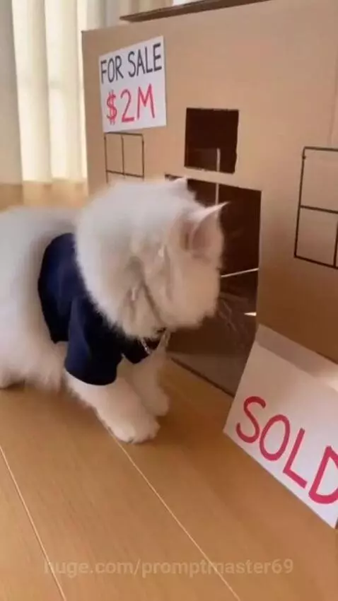 Fluffy cat in a blue shirt and gold chain inspects a cardboard box house with a 'FOR SALE $2M' sign.