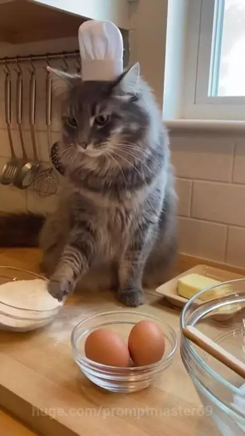 A fluffy grey cat wearing a chef hat sits on a kitchen counter surrounded by baking ingredients.