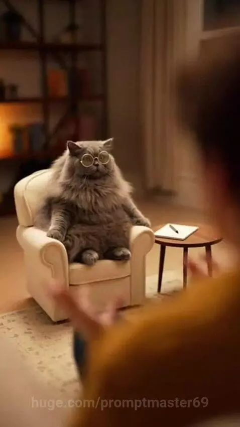 A fluffy grey cat wearing round glasses sits in an armchair, looking like a therapist, as a person expresses frustration.