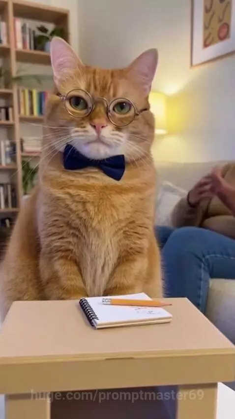An orange cat wearing glasses and a bow tie sits at a table, appearing to listen intently to someone speaking.