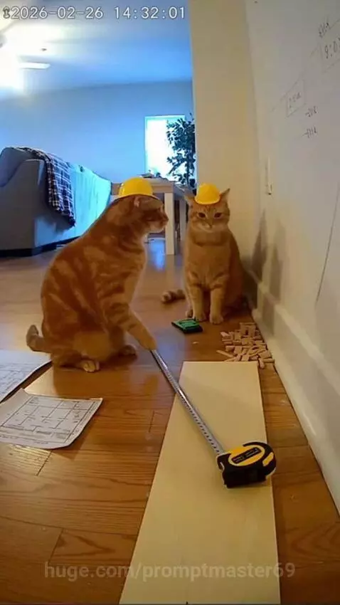 Two orange tabby cats wearing yellow hard hats on a wooden floor, one batting at a measuring tape.