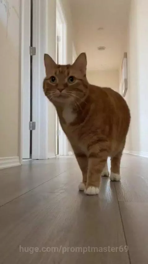 Orange tabby cat with white paws and chest walks down a hallway, looking at the camera.