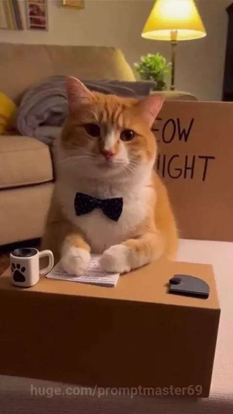 Orange and white cat wearing a blue bow tie sits behind a cardboard desk with 'MEOW NIGHT' sign.