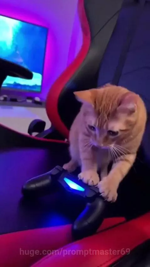 Orange tabby cat sitting on a gaming chair, batting at a PlayStation controller with a blue light.