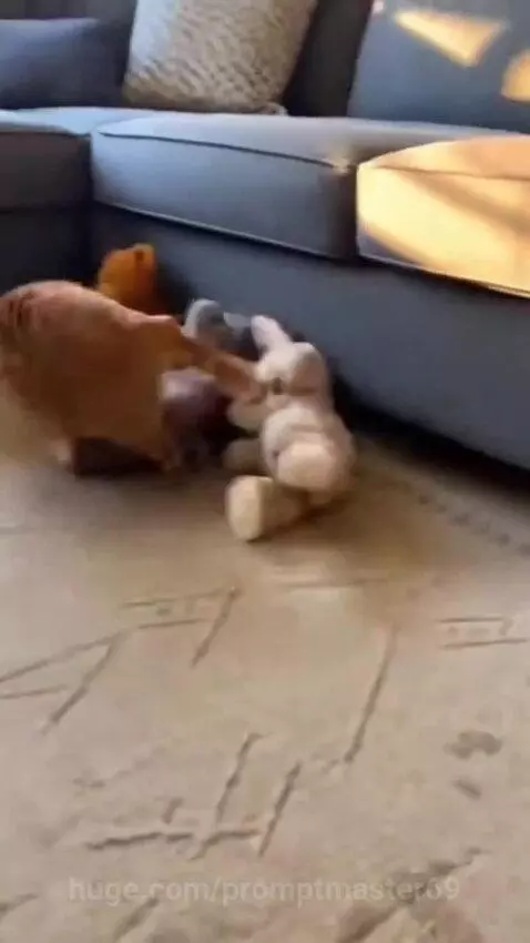Orange tabby cat pouncing on a grey stuffed elephant toy on a patterned rug near a sofa.