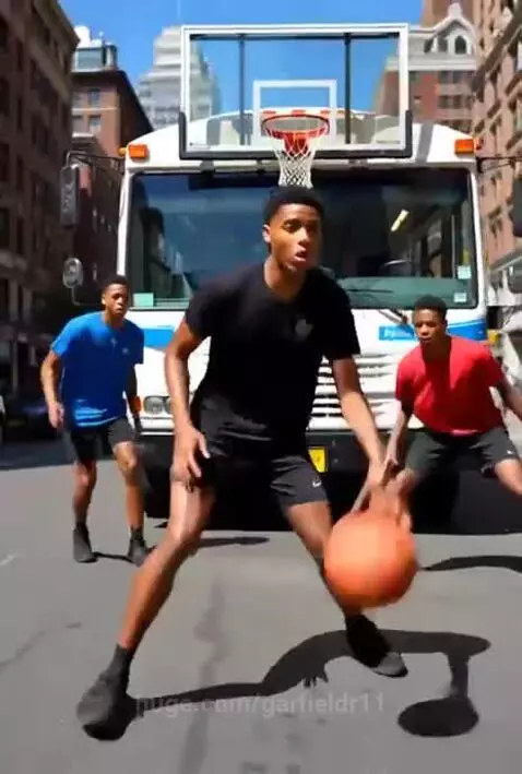 Four young men playing street basketball, one performing an Iverson crossover, another dunking on a hoop attached to a bus.
