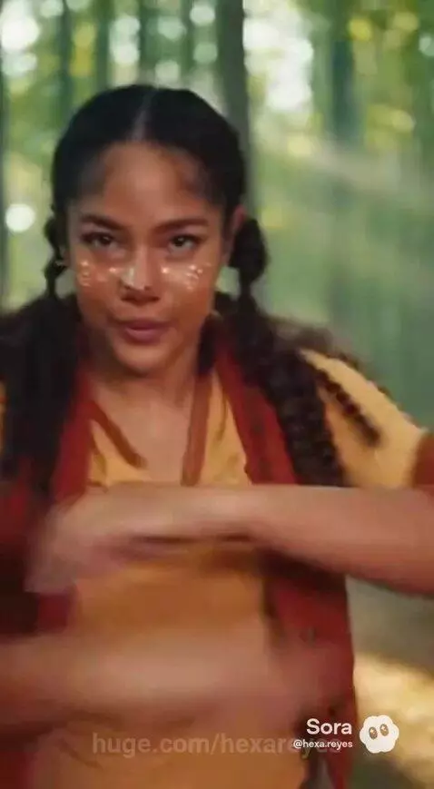 Young adults with antlers and nature costumes dancing energetically in a sunlit forest.