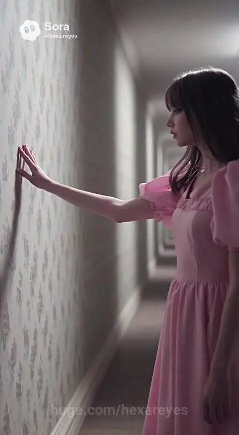 Young woman with dark hair in a pink dress standing in a misty field with broken doll parts.