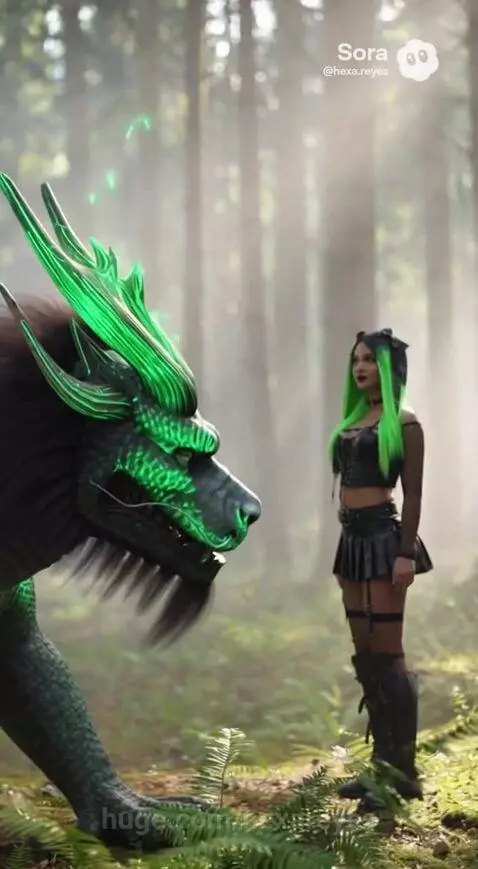 Neon Hexa with green hair in gothic outfit facing a large dark green dragon in a misty forest.