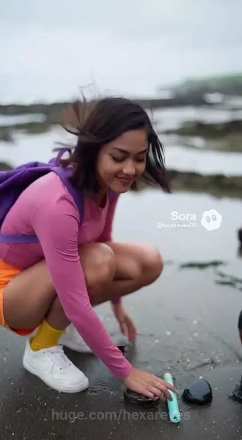 Dora the Explorer and monkey on a beach at sunset, looking at glowing water with a mermaid.