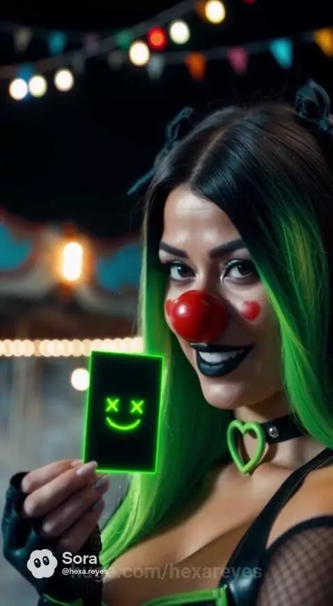 Woman dressed as Hexen the Clown with neon green hair, red nose, and heart makeup at night.