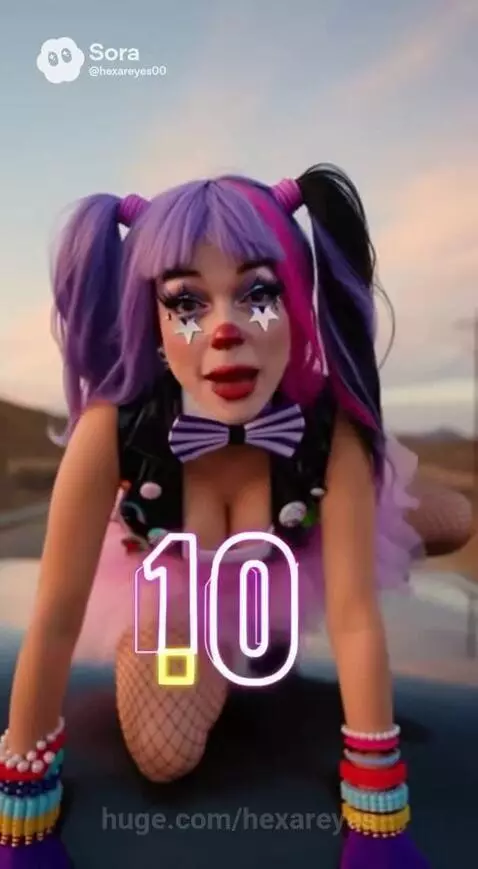 Clown with purple pigtails and tutu on a vehicle in the desert, with neon numbers and confetti.