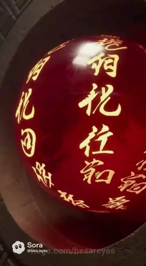 Gothic woman with glowing red eyes and dark makeup, standing near a glowing red sphere with ancient symbols.