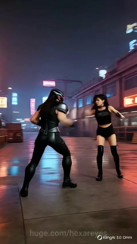 Two fighters, one in armor and mask, the other in crop top and boots, in a dynamic combat sequence on a neon city street at night.