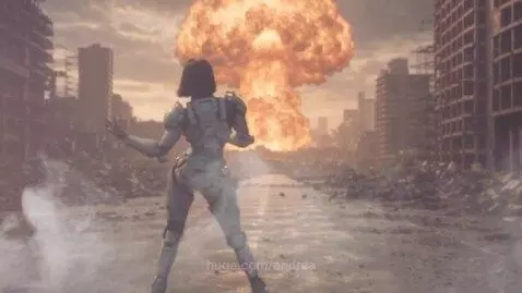 Woman in armored suit dancing in a destroyed city with a mushroom cloud explosion in the background.