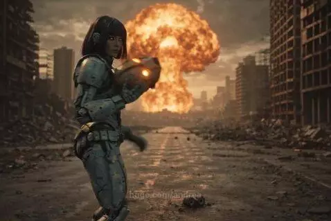 Female character in futuristic armor walks through destroyed city ruins with a fiery mushroom cloud in the background.