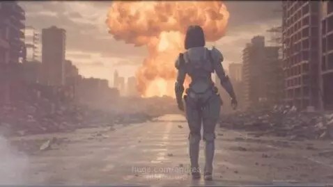 Woman in futuristic armor smiles and blows a kiss towards the camera, with a mushroom cloud explosion behind her in a ruined city.
