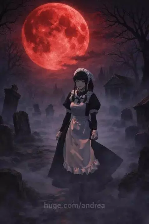 Anime maid in a black dress and white apron stands in a foggy, abandoned cemetery at night under a blood moon.