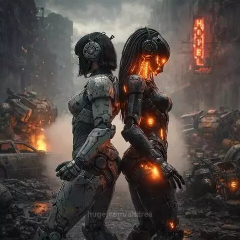 Two armored figures, one human and one robotic, stand back-to-back in a destroyed, rubble-filled post-apocalyptic city with fires and a neon sign.