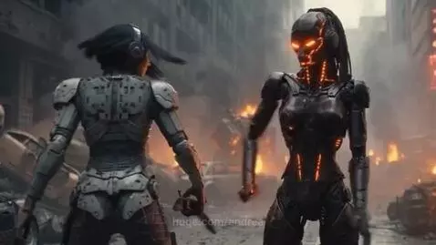 Female warrior in scrap armor fighting a cyborg with glowing orange eyes in a post-apocalyptic city.