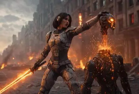 Female warrior in futuristic armor holding a glowing sword and a robot's head, standing over a burning robot.