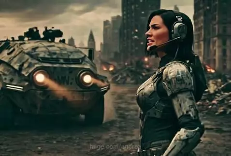 Woman in futuristic military armor and headset in a desolate, ruined city, with a glowing armored vehicle behind her.