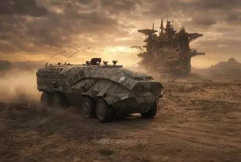 Camouflaged multi-wheeled armored vehicle driving through a dusty, barren landscape with a large industrial structure in the background.