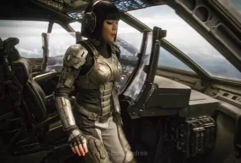 Woman in futuristic pilot suit with headphones in advanced aircraft cockpit with holographic screens.
