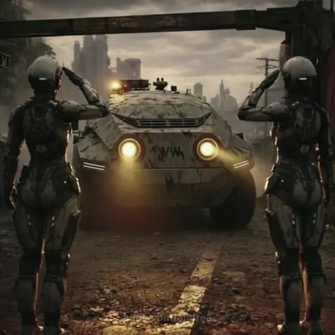 Two futuristic armored figures salute a camouflaged armored vehicle in a desolate, ruined urban landscape.