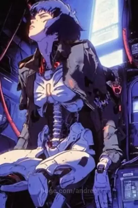 Animated cyborg girl with short dark hair, robotic body, and glowing red accents in a futuristic lab.