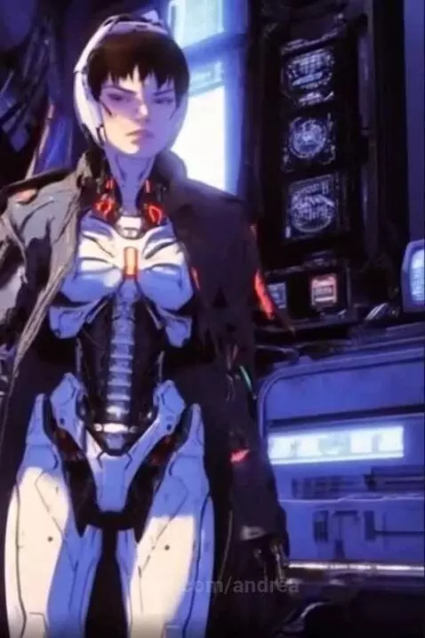 Animated cyborg girl with short dark hair, white headset, and futuristic suit, standing near weapons in a dimly lit, high-tech room.