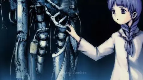 Anime girl with purple braided hair gently touching the skeletal remains of a large, intricate cyborg in a dark setting.