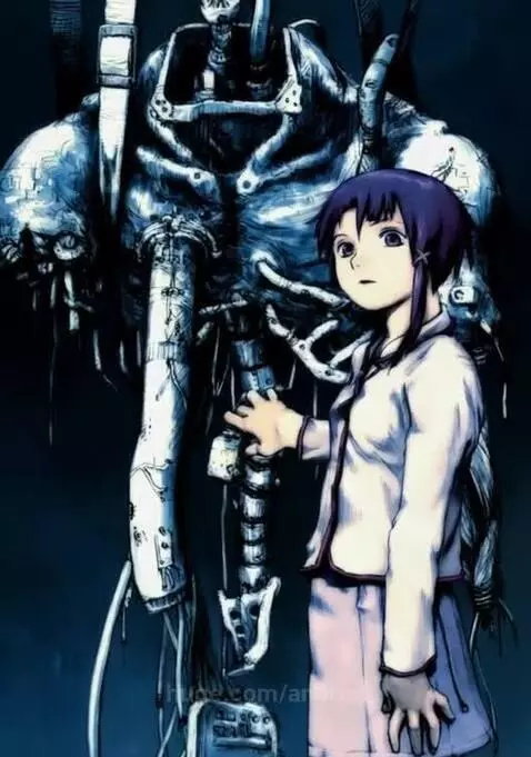Anime girl with dark purple hair examining a detailed metallic cyborg skeleton.