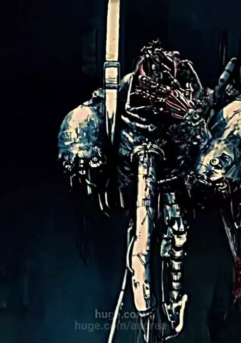 Detailed dark biomechanical humanoid figure with exposed musculature and metallic components.