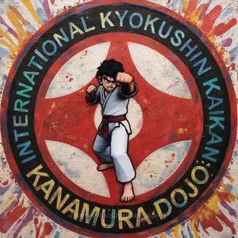 Animated martial arts character in white gi and red belt performing karate moves against a colorful abstract background with a Kyokushin Kai logo.