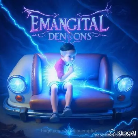 Young boy in a karate gi with a red belt, performing martial arts with blue lightning effects.