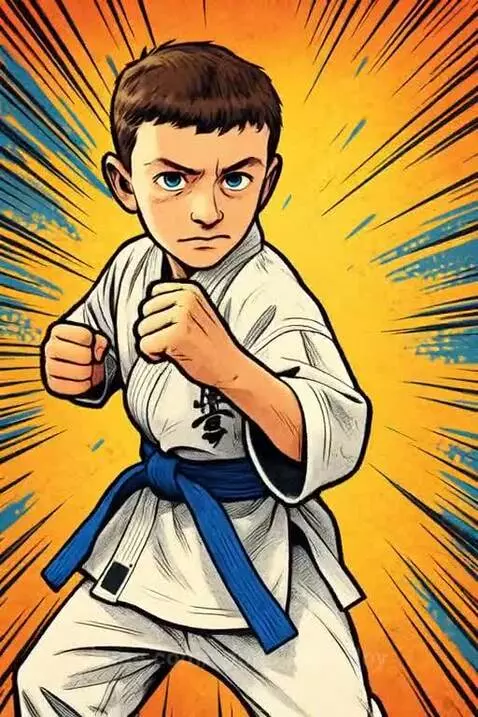Young boy in karate gi and blue belt in fighting stance, punching forward with energy.