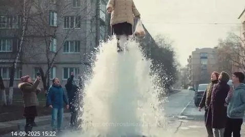 Elderly woman lifted into the air by a powerful water geyser on a residential street, with shocked onlookers.