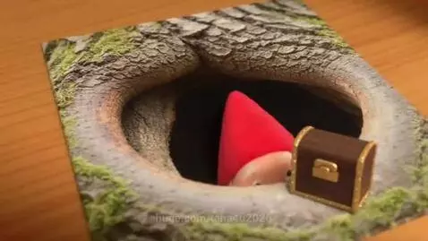 Cartoon gnome with red hat peeking out of a tree hollow, smiling and holding a miniature treasure chest.