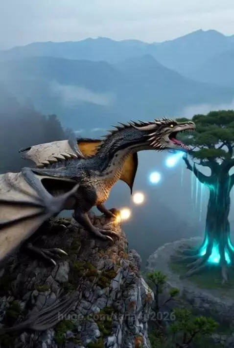 A majestic dragon with dark scales perched on a cliff overlooking a misty, mountainous landscape with glowing blue trees.