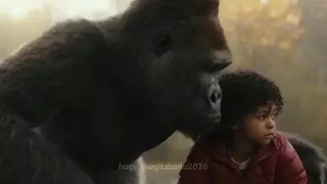 A large gorilla sits protectively next to a small child in a misty autumn park.