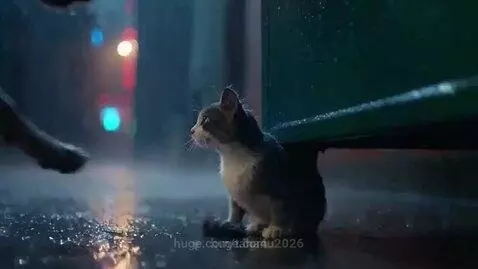 Brown dog gently approaches a frightened tabby cat huddled in the rain.