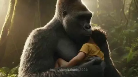 A large silverback gorilla gently holding a small child in its arms in a sun-dappled jungle.