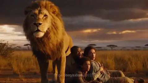 Golden-maned lion protectively watches over a frightened family huddled on a dry savanna at sunset.