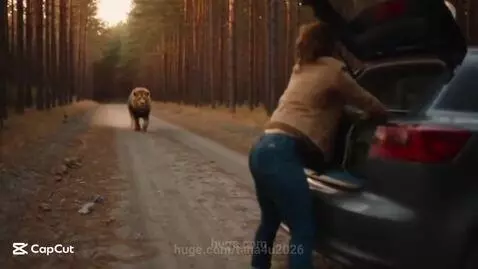 Woman scrambling into car trunk as a lion approaches closely on a forest road.