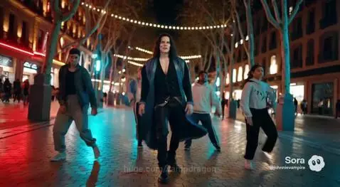Vampire-styled man with pale skin and red glowing eyes dancing at night in a city plaza.
