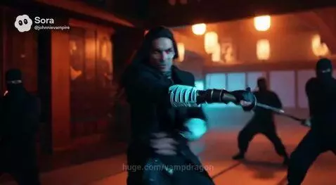 Man with sword and woman with green hair fight ninjas in a lantern-lit Japanese dojo.