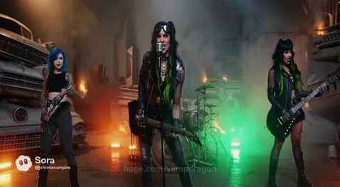 Vampdragon lead singer with red eyes and gothic outfit performing intensely in a smoky industrial setting with fires.