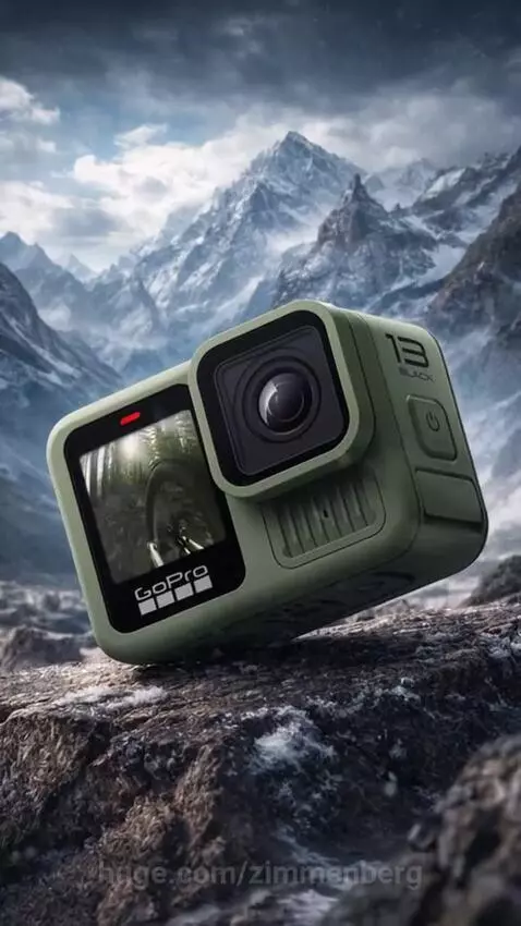 Green GoPro Hero 13 Black action camera on a snowy mountain landscape with a forest bike ride view on its screen.