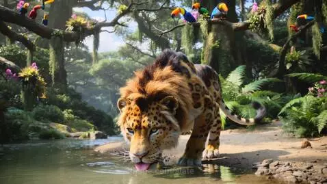 A realistic hybrid lion-leopard with spots drinks water from a flowing river in a dense, green jungle with colorful birds.